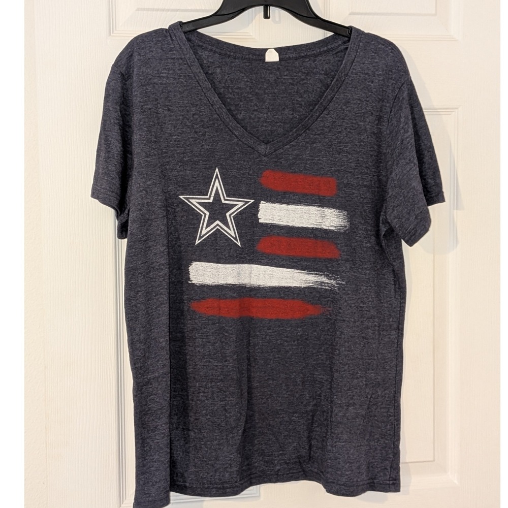 Heather‎ Navy V-Neck American Flag Star Graphic T-Shirt XL Patriotic